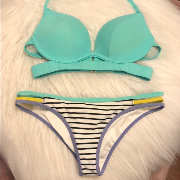 Victorias Secret Banded Push-Up Halter Top & Strappy Cheeky Stripe Bikini Bottom - Picture 1 of 10
